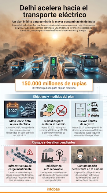 Infografía de ciudad con smog, vehículos eléctricos y de combustión, estación de carga, iconos de subsidios, regulaciones, infraestructura, red eléctrica y contaminación.