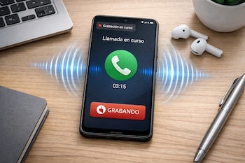 Smartphone Android sobre una mesa con pantalla mostrando llamada en curso y botón de grabación activo.