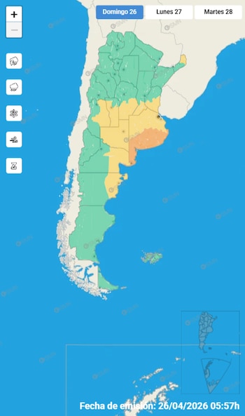 Mapa de Argentina mostrando alertas meteorológicas por colores (verde, amarillo, naranja) y la fecha de emisión: 26 de abril de 2026