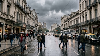 Peatones abrigados cruzan una calle mojada rodeada de edificios antiguos, autobuses, taxis y un cielo cubierto de nubes oscuras.