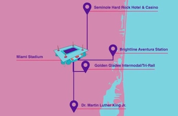 Diagrama muestra Miami Stadium con rutas a Seminole Hard Rock, Brightline Aventura, Golden Glades Intermodal y Dr. Martin Luther King Jr. en un mapa