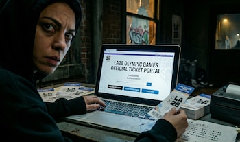 Una persona con capucha mira fijamente mientras usa un portátil que muestra un portal de venta de entradas LA28, sosteniendo un ticket y con más a su lado. La pantalla está rota