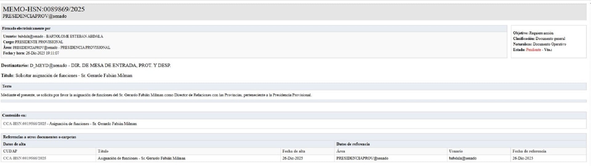 Memo con la designación de Gerardo Milman