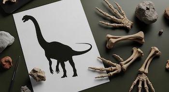 Ilustración de silueta de arcosauriforme en papel blanco, con réplicas de huesos de extremidades, manos, y rocas de distintos tamaños sobre una superficie.