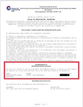 Documento que certifica a Sjoerd Van Grootheest como representante legal de la empresa MISSISSIPPI DRAGONFLY . Foto: @Danielbricen/ Twitter