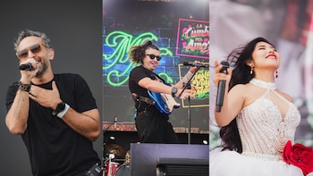 Composición de tres fotografías de músicos en un escenario. Un hombre canta, otro toca guitarra eléctrica y una mujer canta con un vestido blanco