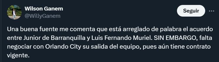 Periodista aseguró que Luis Fernando Muriel tendría acuerdo verbal para fichar con el Junior de Barranquilla- crédito @WillyGanem/X