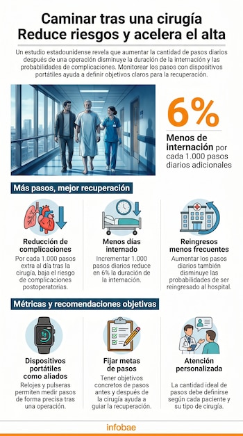 Infografía visualiza beneficios de caminar tras cirugía. Muestra paciente con doctor y familiar en pasillo hospital, con estadísticas y recomendaciones.