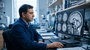 Un hombre con bata azul frente a un monitor que exhibe resonancias magnéticas cerebrales en una mesa de trabajo.