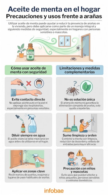 Infografía con usos y precauciones del aceite de menta para arañas, mostrando botella, dilución, aplicación, limpieza, y alerta para niños y mascotas.