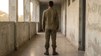 Un hombre con uniforme militar verde y botas permanece de espaldas en un pasillo largo con columnas y paredes desgastadas.