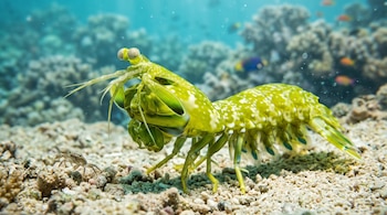 Un camarón mantis verde sobre arena marina junto a un pequeño cangrejo y un arrecife de coral difuminado al fondo.
