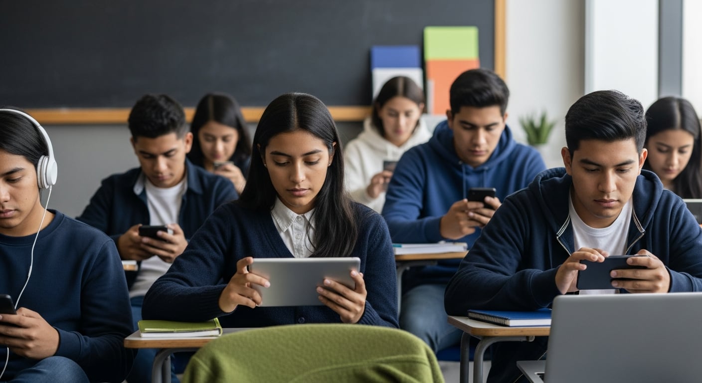 Estudiantes mexicanos usan simultáneamente smartphones, tabletas y laptops en un aula contemporánea, reflejando la integración de la tecnología en la educación moderna con una concentración dispersa. (Imagen Ilustrativa Infobae)