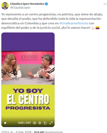 Claudia López llamó a votar por una alternativa progresista y rechazó el clientelismo - crédito @ClaudiaLopez/X