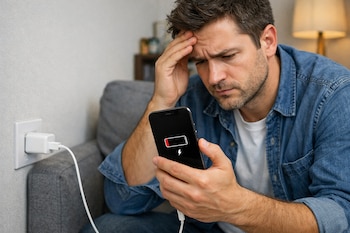 Un hombre con camisa vaquera mira un iPhone negro que muestra un ícono de batería roja y está conectado a un cargador de pared blanco.