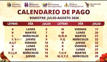 Calendario de pago bimestral julio-agosto 2026 con logos de programas sociales. Tabla de letras, días y fechas de julio. Un pájaro cardenal y flores rojas