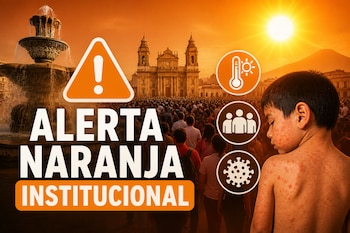 Texto de Alerta Naranja Institucional, una catedral, una multitud, tres iconos informativos y la espalda de un niño con marcas rojas en la piel.