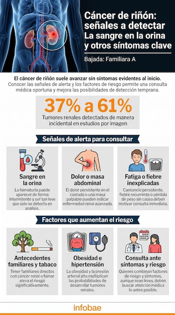 Ilustración de un torso humano con riñones, infografía con iconos de sangre en orina, dolor abdominal, fatiga, antecedentes familiares, tabaco, obesidad e hipertensión.