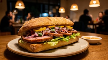 Sanguche de butifarra entero en pan rústico con jamón del país, lechuga, cebolla morada y ajíes, servido en plato. Fondo borroso de restaurante nocturno.
