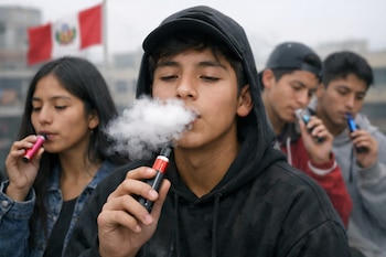Primer plano de un adolescente peruano exhalando vapor de un vaper, con otros tres jóvenes también usando vapers y una bandera peruana al fondo.