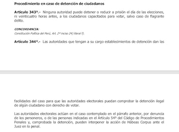 Texto impreso que presenta los artículos 343 y 344 sobre el procedimiento en caso de detención de ciudadanos en las elecciones de Perú