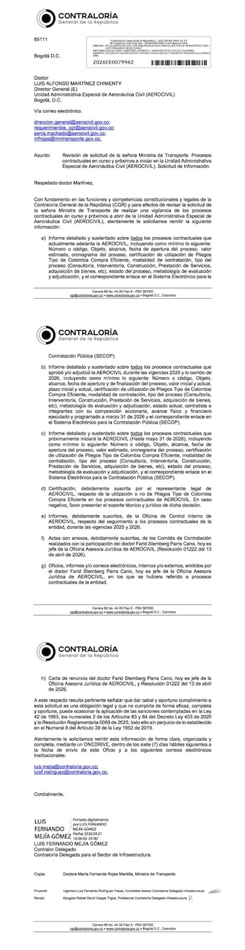 Entre los documentos exigidos se incluyen informes técnicos, cronogramas, valores contractuales, metodologías de adjudicación y enlaces al Secop de cada proceso - crédito Contraloría General de la República