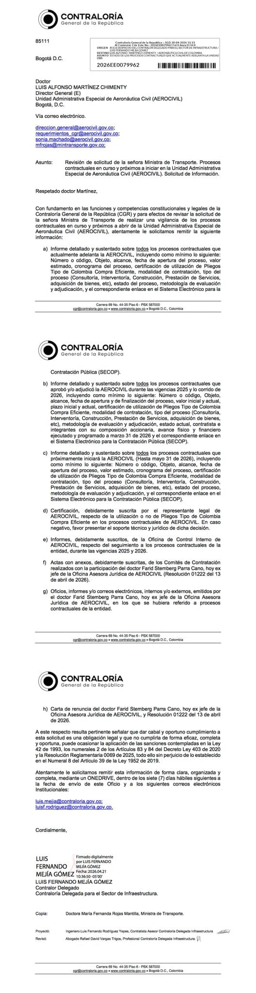 Entre los documentos exigidos se incluyen informes técnicos, cronogramas, valores contractuales, metodologías de adjudicación y enlaces al Secop de cada proceso - crédito Contraloría General de la República