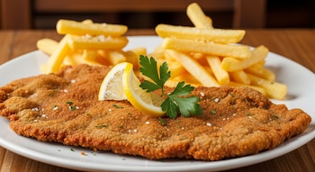 Plato blanco con una milanesa de carne dorada y rebozado crujiente, papas fritas, una rodaja de limón y perejil, sobre una superficie de madera.