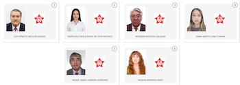 Seis recuadros muestran fotos de candidatos y el logo de APRA. Cada recuadro tiene un retrato de un candidato y el logotipo del partido político APRA