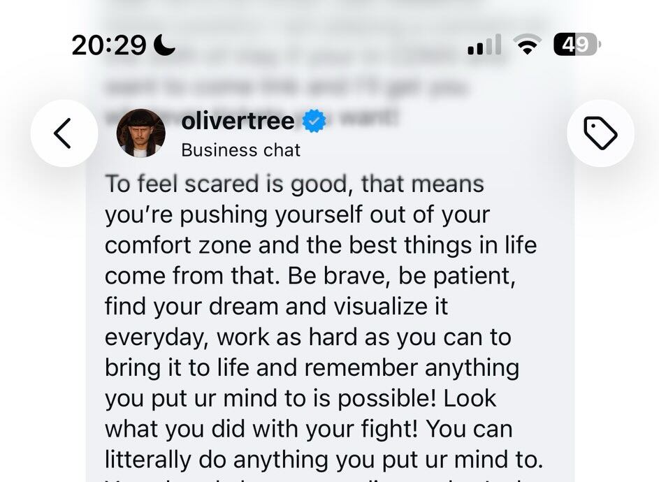 Una captura de pantalla muestra un mensaje inspirador del cantante Oliver Tree, en el contexto de la sentida despedida que le dedicó Flor Vigna.