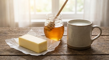 Un paquete de manteca en papel, un frasco de miel con un dipper y una taza de leche, todo sobre una mesa de madera. Una ventana con cortinas claras se ve al fondo.