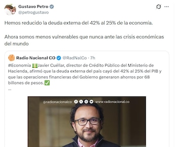 Gobierno Petro aseguró que Colombia redujo USD 10.000 millones de deuda externa - crédito @petrogustavo/X