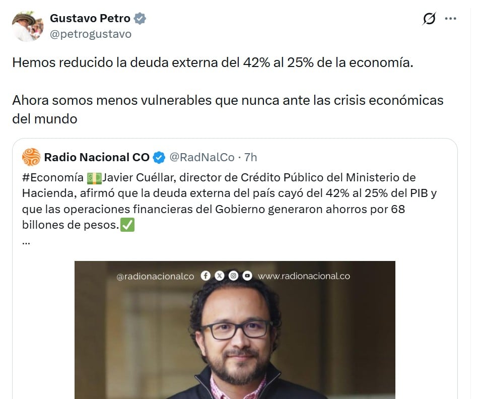 Gobierno Petro aseguró que Colombia redujo USD 10.000 millones de deuda externa - crédito @petrogustavo/X