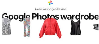 Logo de Google Photos y texto "Google Photos wardrobe" con varias prendas de ropa: blusa de lentejuelas, pantalones, chaqueta roja, top negro y gafas