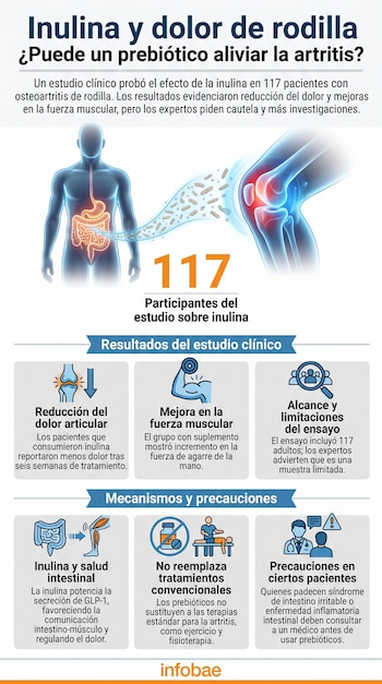 Infografía con figura humana, sistema digestivo y rodilla ilustrados, bacterias, el número 117 y seis cuadros de texto con iconos y gráficos de barra.