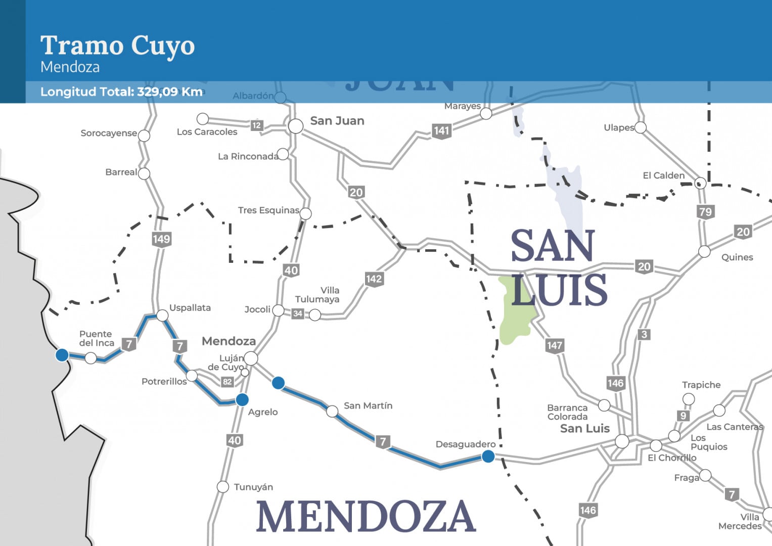 Este mapa ilustra el recorrido del Tramo Cuyo, una sección vial de 329.09 km que conecta puntos importantes en las provincias de Mendoza, San Juan y San Luis. (Vialidad Nacional)