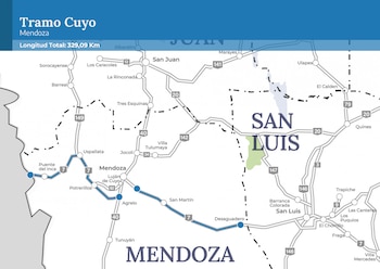 Mapa de rutas viales en las provincias de Mendoza, San Juan y San Luis, mostrando el Tramo Cuyo con una longitud total de 329.09 Km