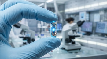 Primer plano de una mano con guante azul sosteniendo una pequeña cápsula transparente con circuitos brillantes en un laboratorio borroso.