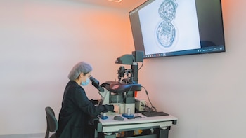 Una mujer con mascarilla y redecilla observa por un microscopio junto a una pantalla que muestra la imagen ampliada de una célula