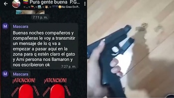 Pantalla de chat con mensaje de extorsión de 'Mascara' y alertas '¡ATENCION!'; al lado, una mano sostiene una pistola negra con cargador y municiones en piso de madera
