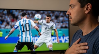 Hombre de perfil con la mano en el pecho mirando un televisor. En la pantalla, desenfocados, se ven jugadores de Argentina (camiseta #10 Messi) y Alemania en un partido de fútbol.