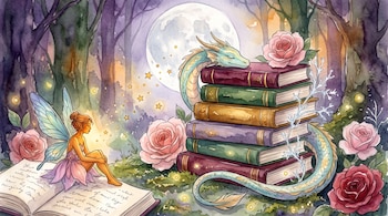 Ilustración de acuarela con luna llena, bosque, dragón turquesa y dorado, hada, pila de siete libros, rosas, estrellas y luciérnagas.