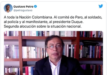 El senador Gustavo Petro durante lo que llamó en Twitter como su segunda ‘alocución’. Twitter @petrogustavo