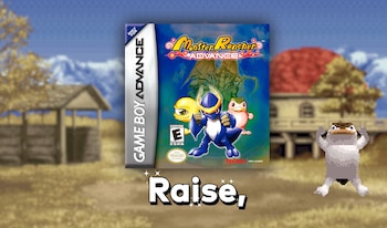 Carátula del juego Monster Rancher Advance, una figura pixelada en el lado derecho y la palabra Raise en el centro inferior sobre un fondo rural