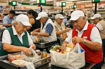 Varios adultos mayores con gorras blancas y chalecos empacan productos de supermercado en bolsas y carritos de compra en diferentes cajas de cobro.