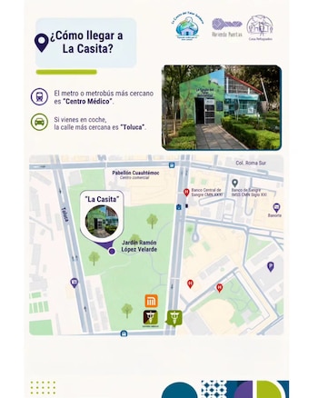 Infografía con mapa de la Colonia Roma Sur en Ciudad de México, muestra la ubicación de La Casita, instrucciones de transporte y una foto del edificio