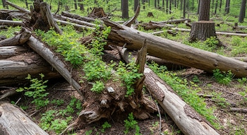 Bosque con troncos de árboles caídos, tocones, plántulas y arbustos de vegetación verde que crecen sobre el suelo y la madera muerta.