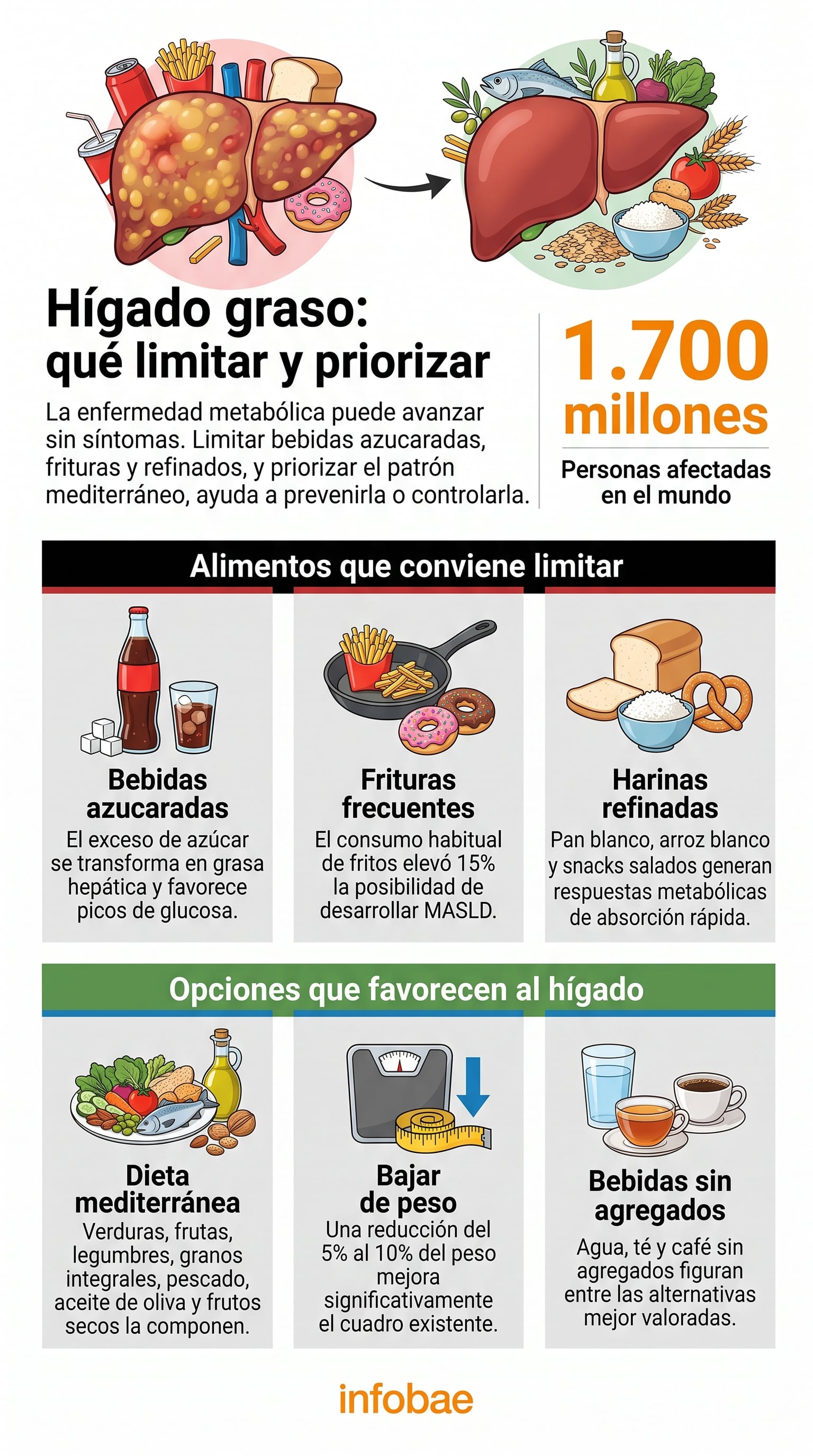 Una infografía detalla las pautas alimentarias y los hábitos recomendados para prevenir y controlar la enfermedad por hígado graso a nivel mundial. (Imagen Ilustrativa Infobae)