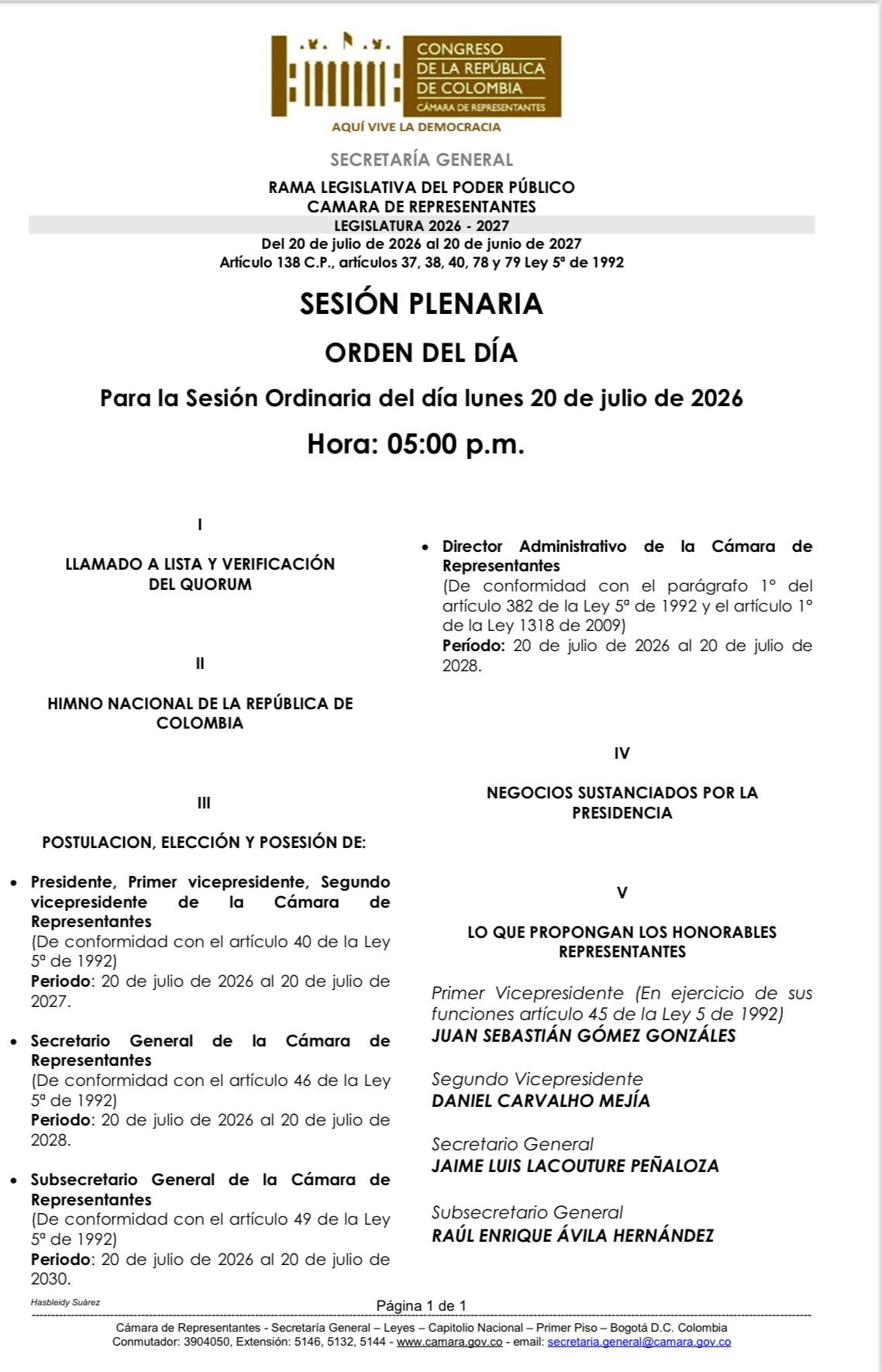 Orden del día Plenaria Cámara de Representantes Colombia 20 de julio 2026 - crédito Cámara de Representantes