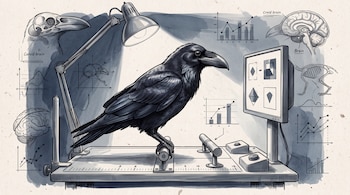 Un cuervo posado en una plataforma frente a un monitor encendido, una lámpara de mesa y un fondo con dibujos de anatomía y gráficos.